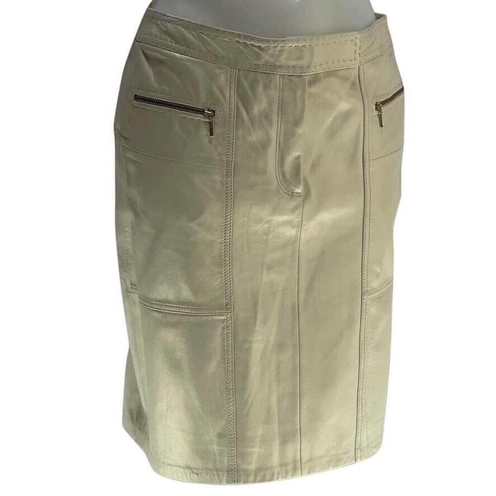 VS2 by VAKKO Skirt Paneled  Genuine Leather Beige Pencil Skirt With Zip Pockets
